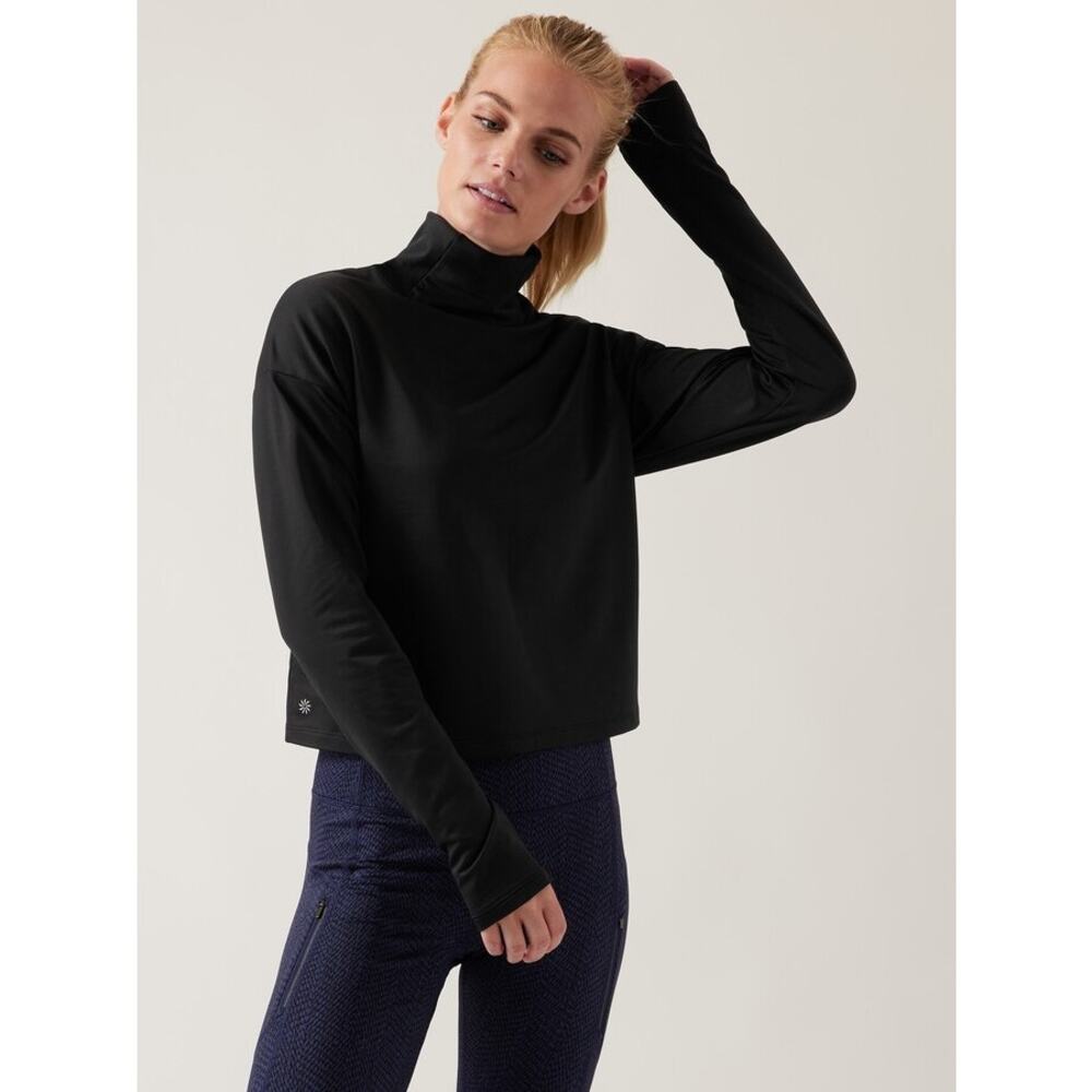Athleta Whistler Mock Neck Top Black Cropped Minimalist Workout Gorpcore